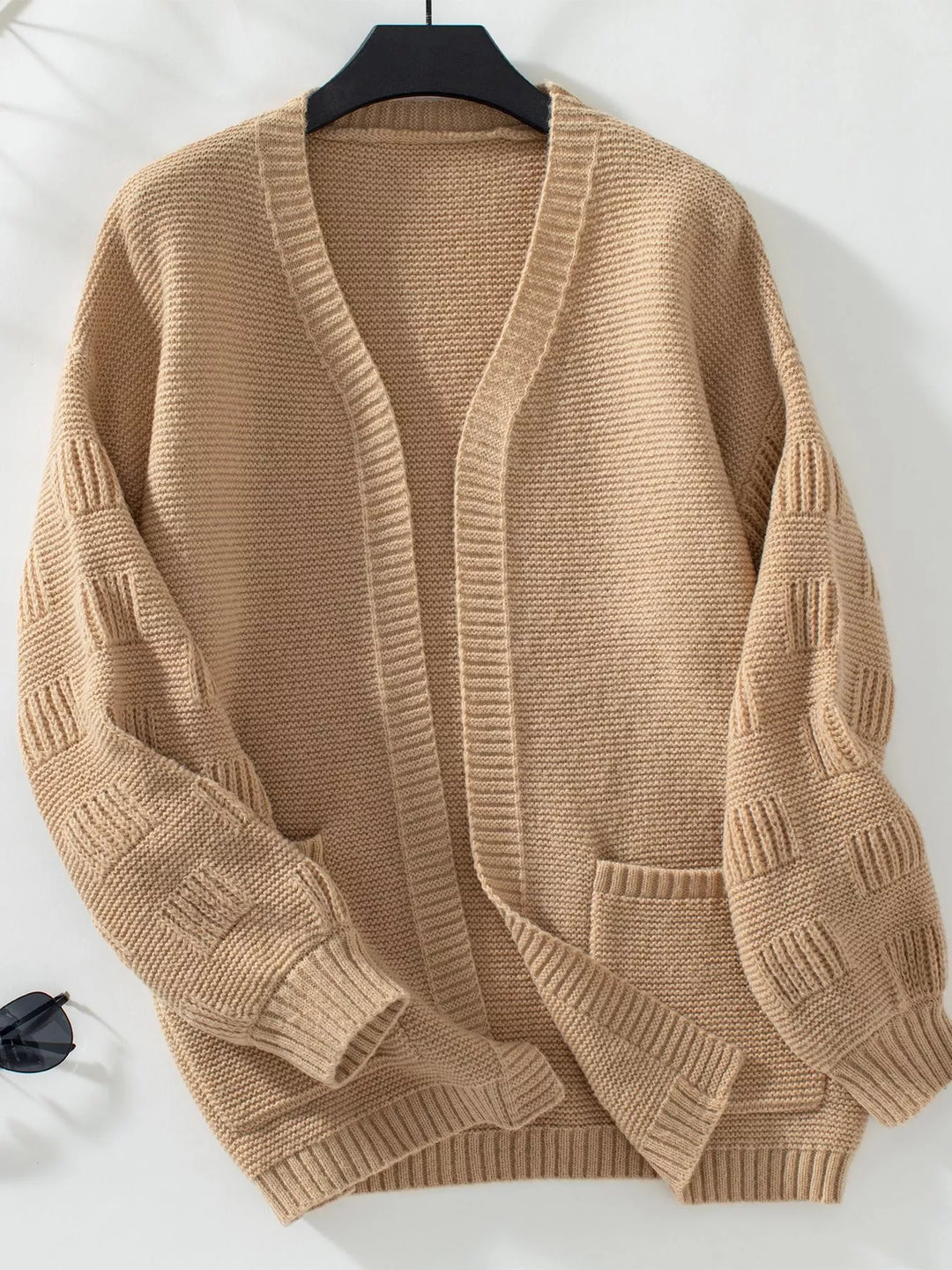 Textured basketweave knit open-front cardigan with pockets