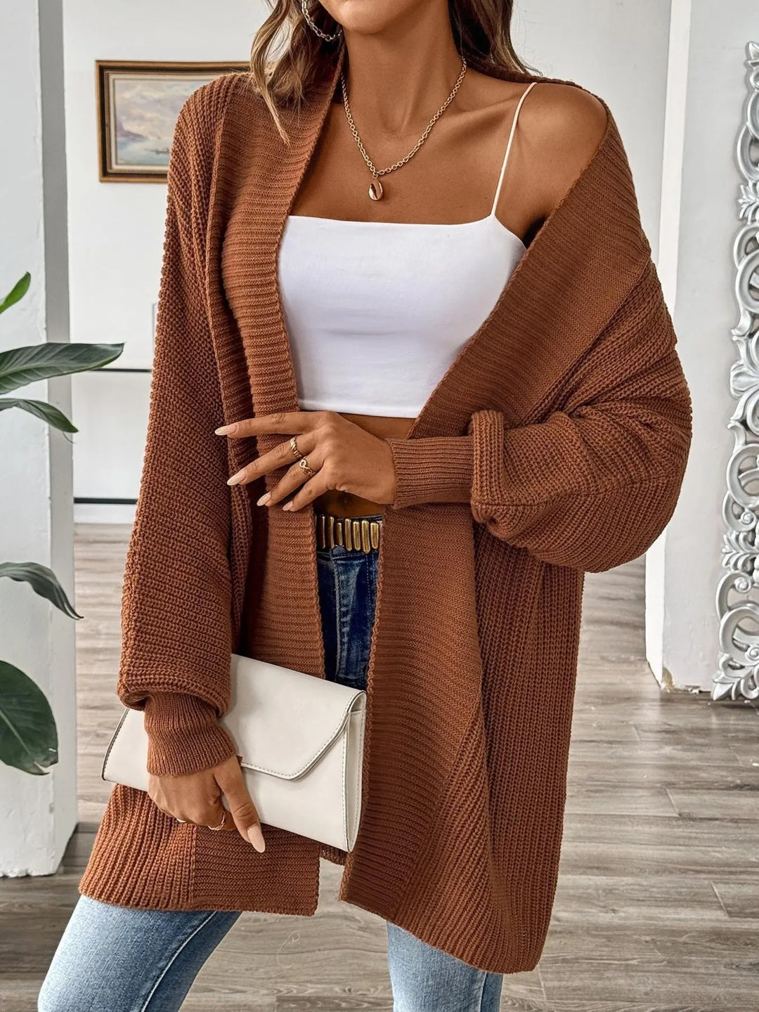 Waffle knit open front cardigan with dolman sleeves