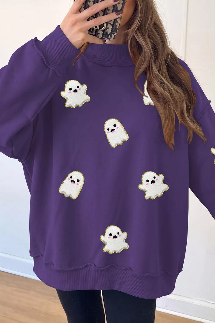 Mauve Glitter ghost patch mock neck tunic sweatshirt