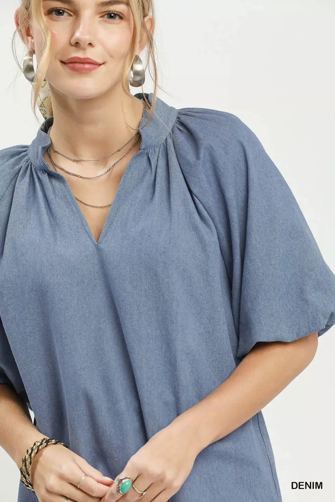 Chambray puff sleeve boxy top with scalloped hem