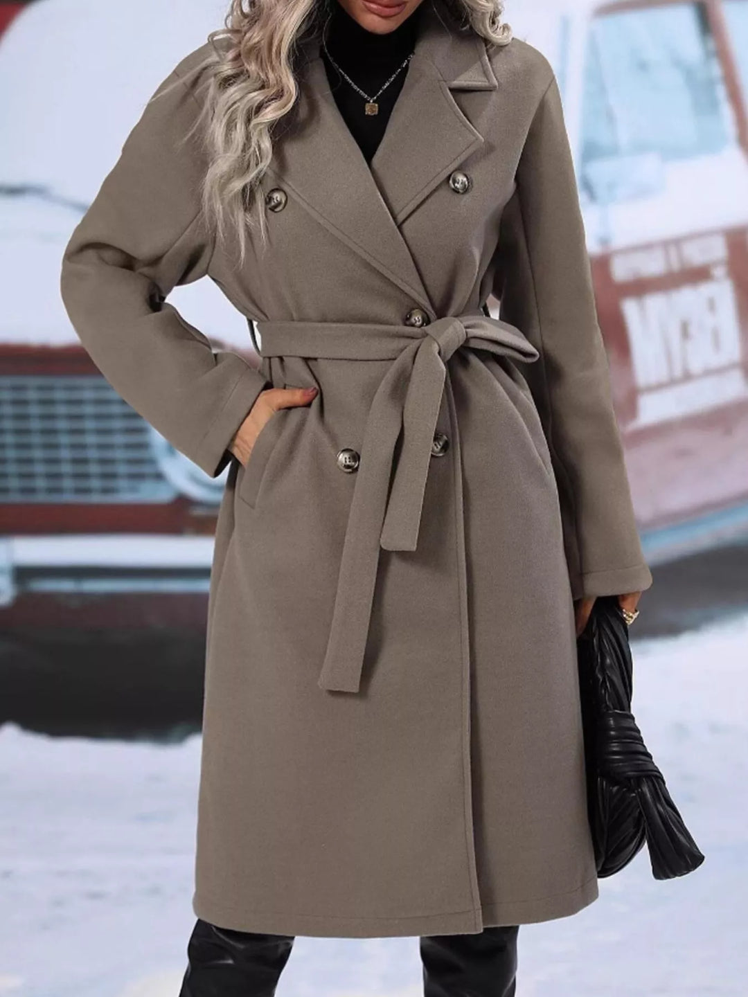 Gray Double-breasted tie-waist long coat with notch lapels