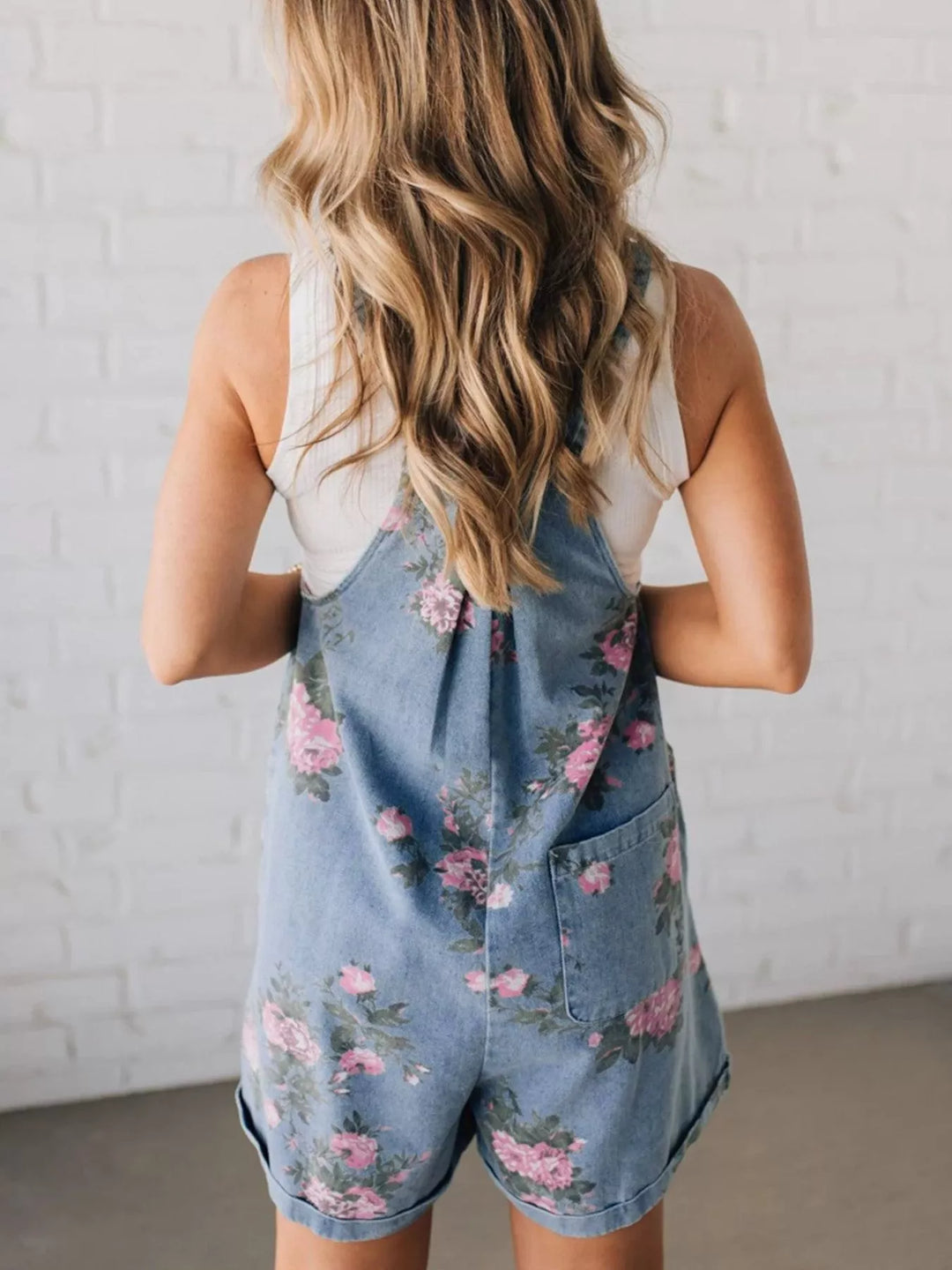 Floral rose print denim overall shorts with rolled cuffs