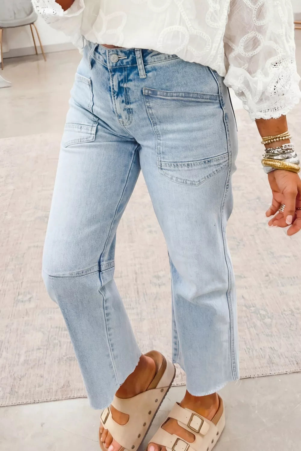 Utility pocket straight leg jeans with raw hem