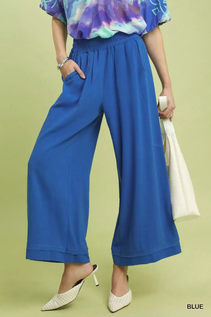 BLUE Linen blend wide-leg pants with elastic waist and side pockets