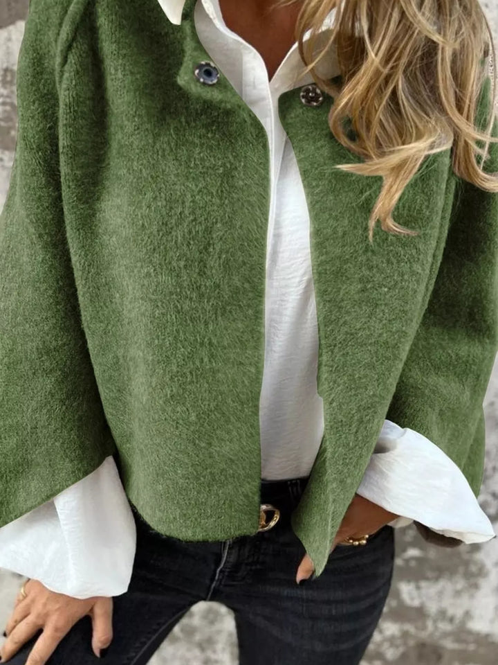 Green Dropped shoulder fuzzy knit button-front cardigan