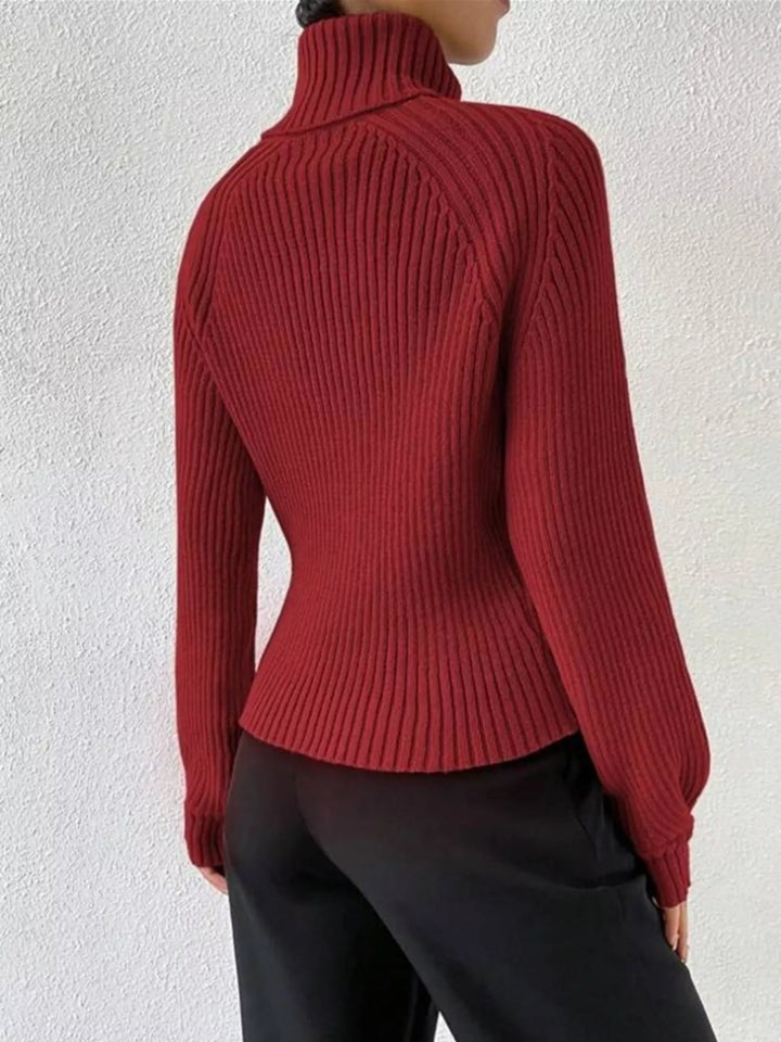 Ribbed knit turtleneck sweater with fitted long sleeves