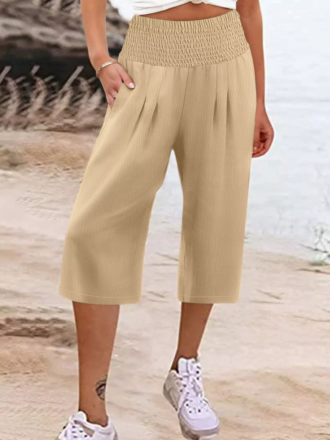 Beige Plus size smocked-waist wide leg cropped pants