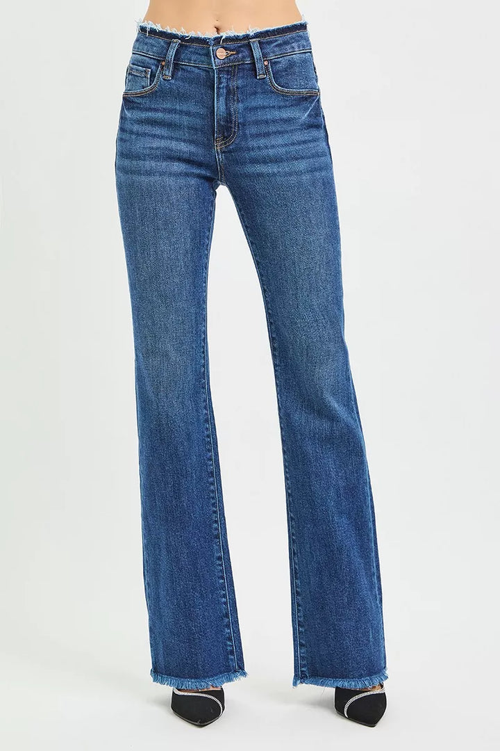 DARK Mid-rise bootcut jeans with frayed waistband and raw hem