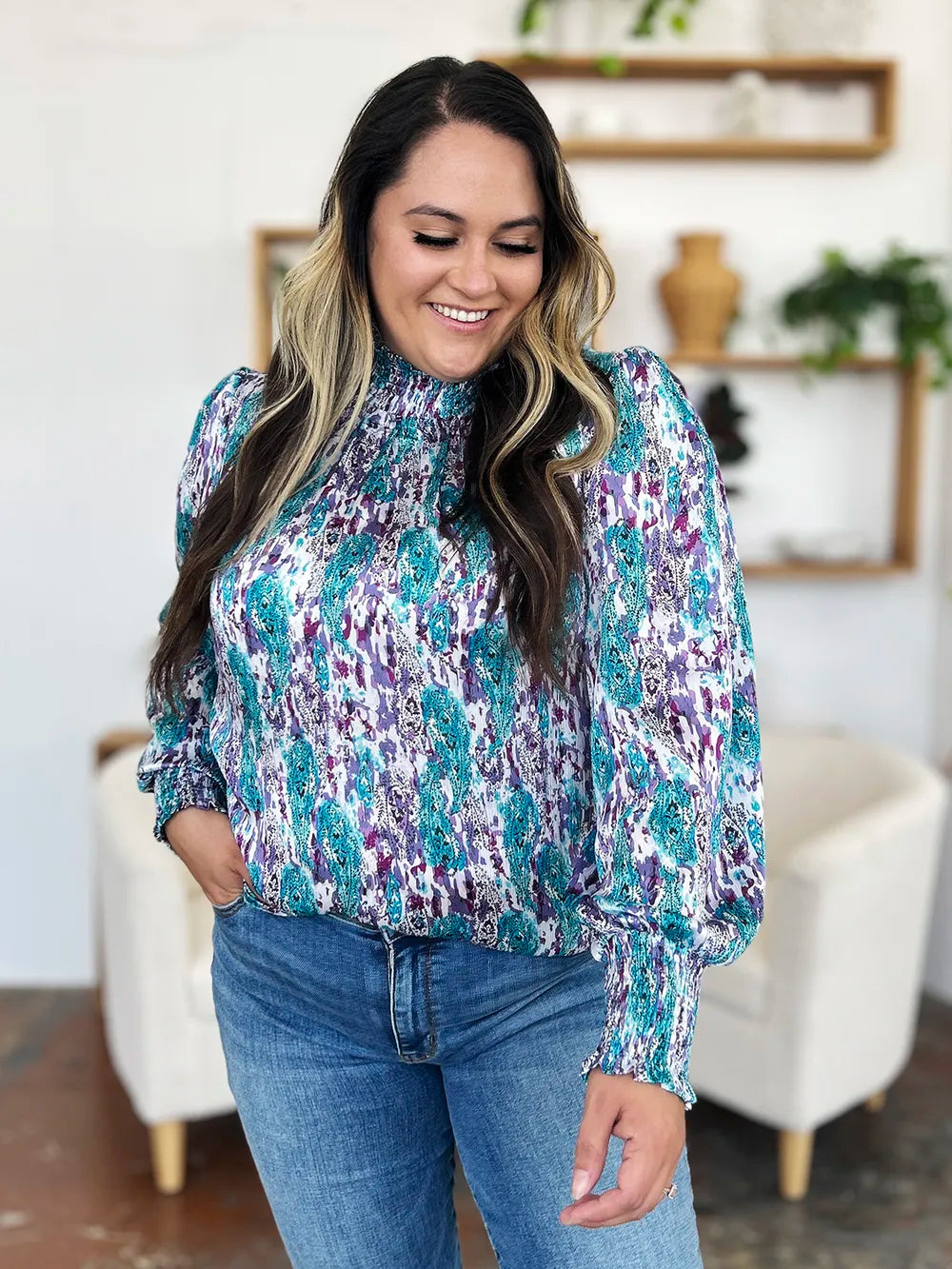 Printed smocked frill mock neck long sleeve blouse