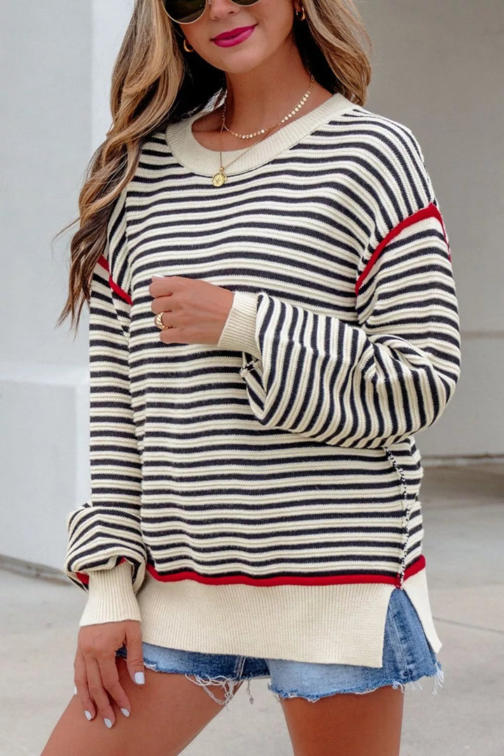 Striped drop shoulder oversized crew neck sweater