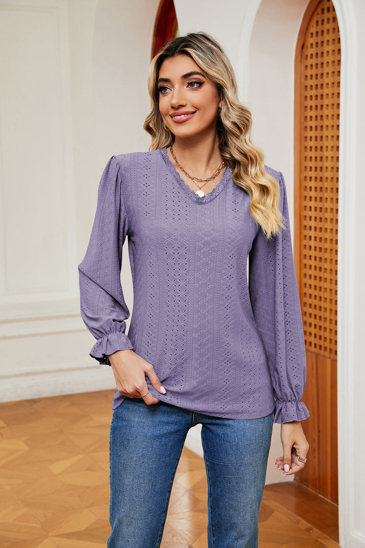 Lilac Eyelet V-neck blouse with flounce sleeves and lace trim