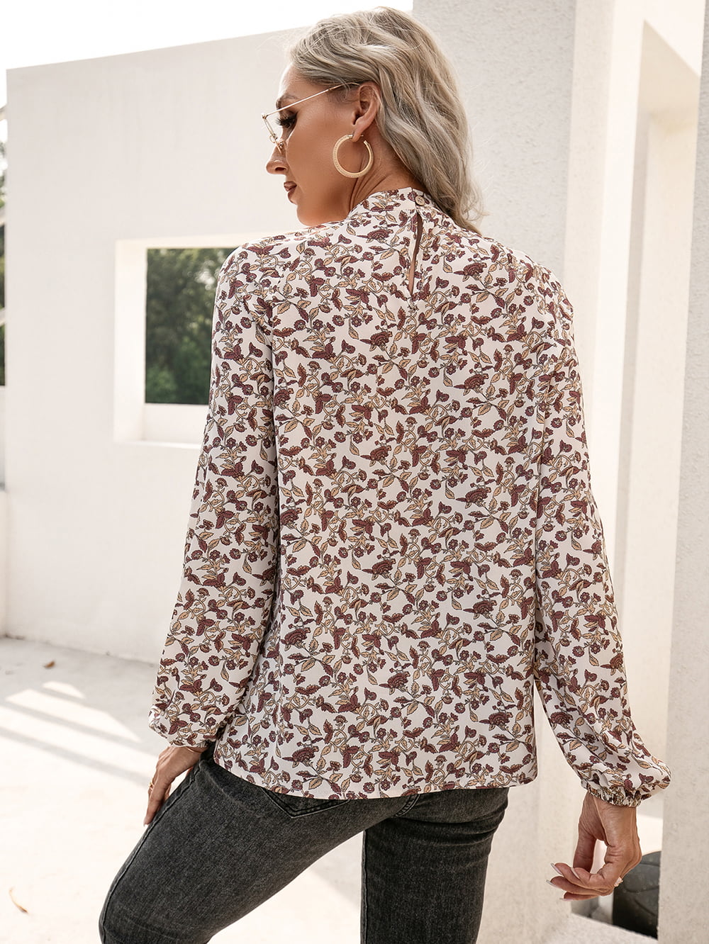 Floral keyhole cutout mock neck long sleeve blouse