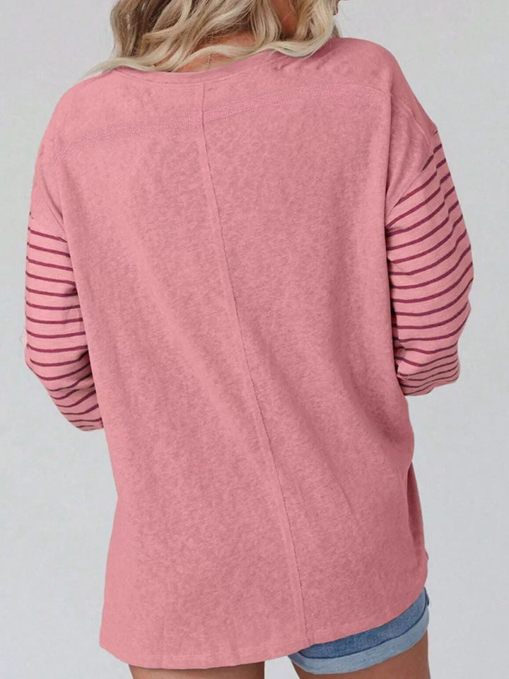 Color block striped long sleeve crew neck top