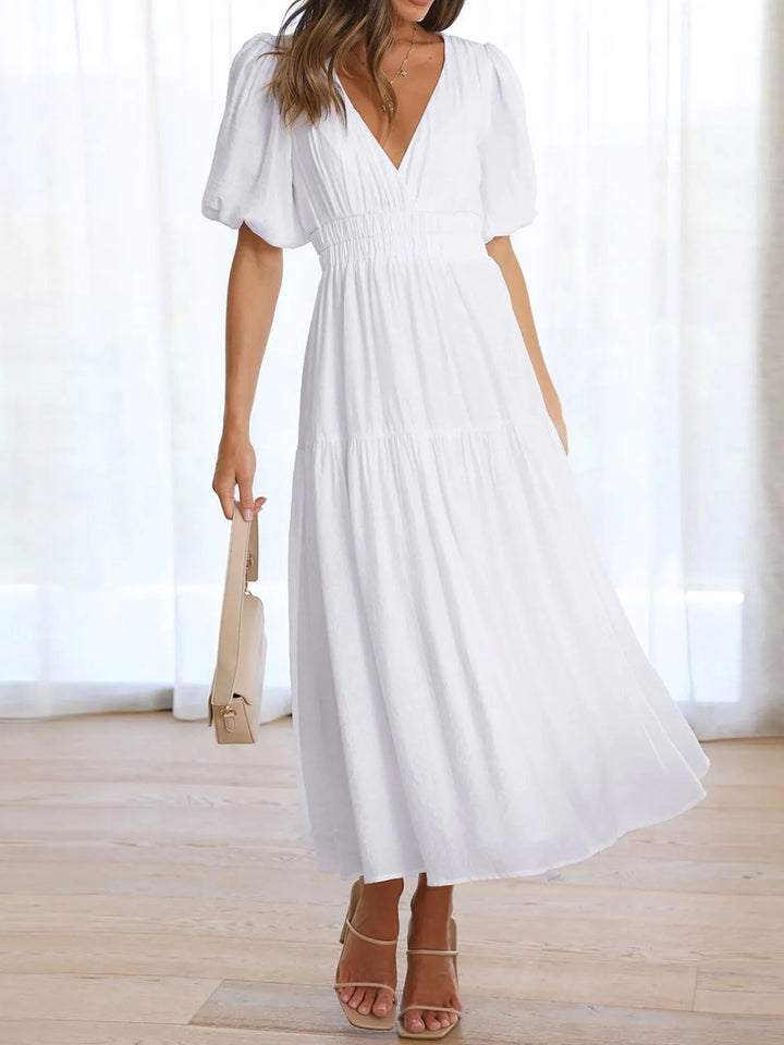 Ruched waist puff sleeve v-neck tiered midi dress