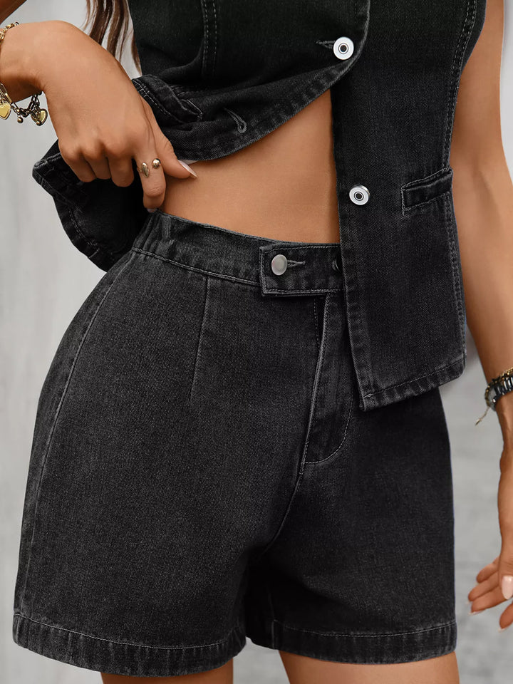 Sleeveless button-down denim vest and shorts set