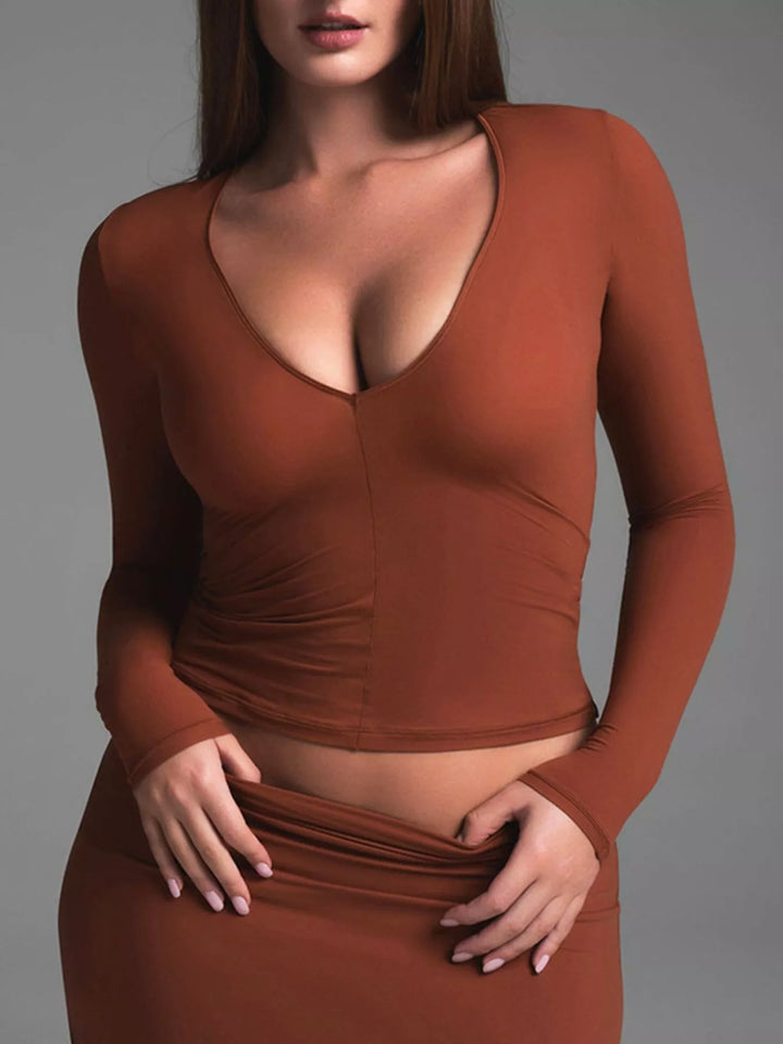 Orange Plunge V-neck long sleeve fitted crop top