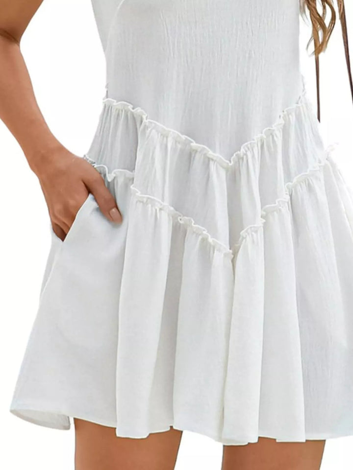 Tiered ruffle sleeveless mini dress with pockets