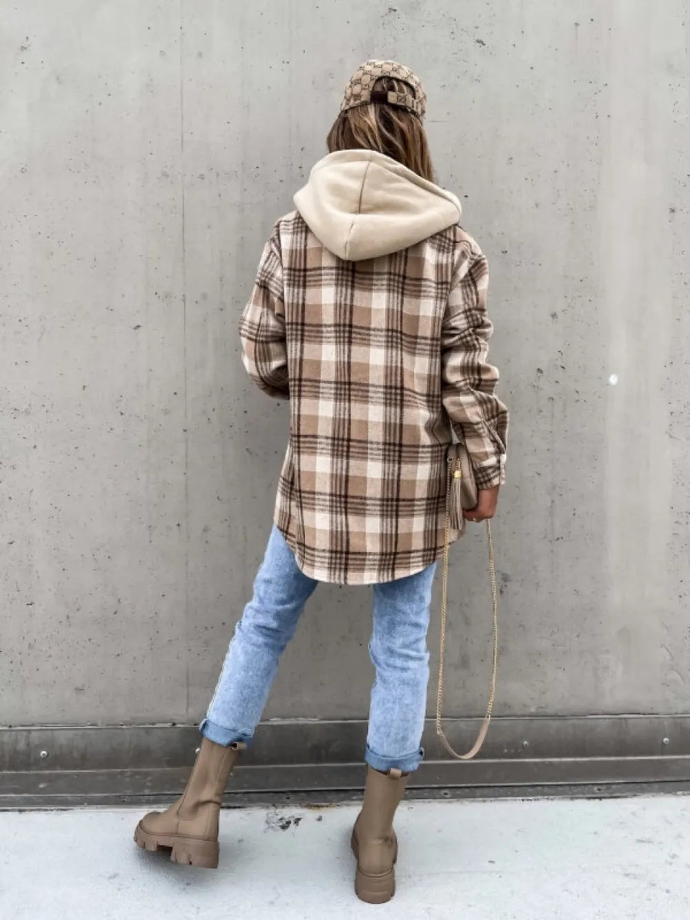 Plaid hooded shacket with drop shoulders and chest pockets
