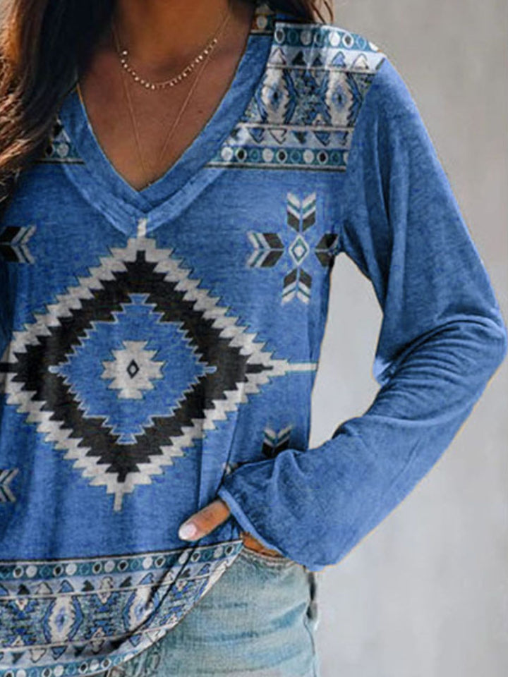Aztec geometric print v-neck long sleeve top