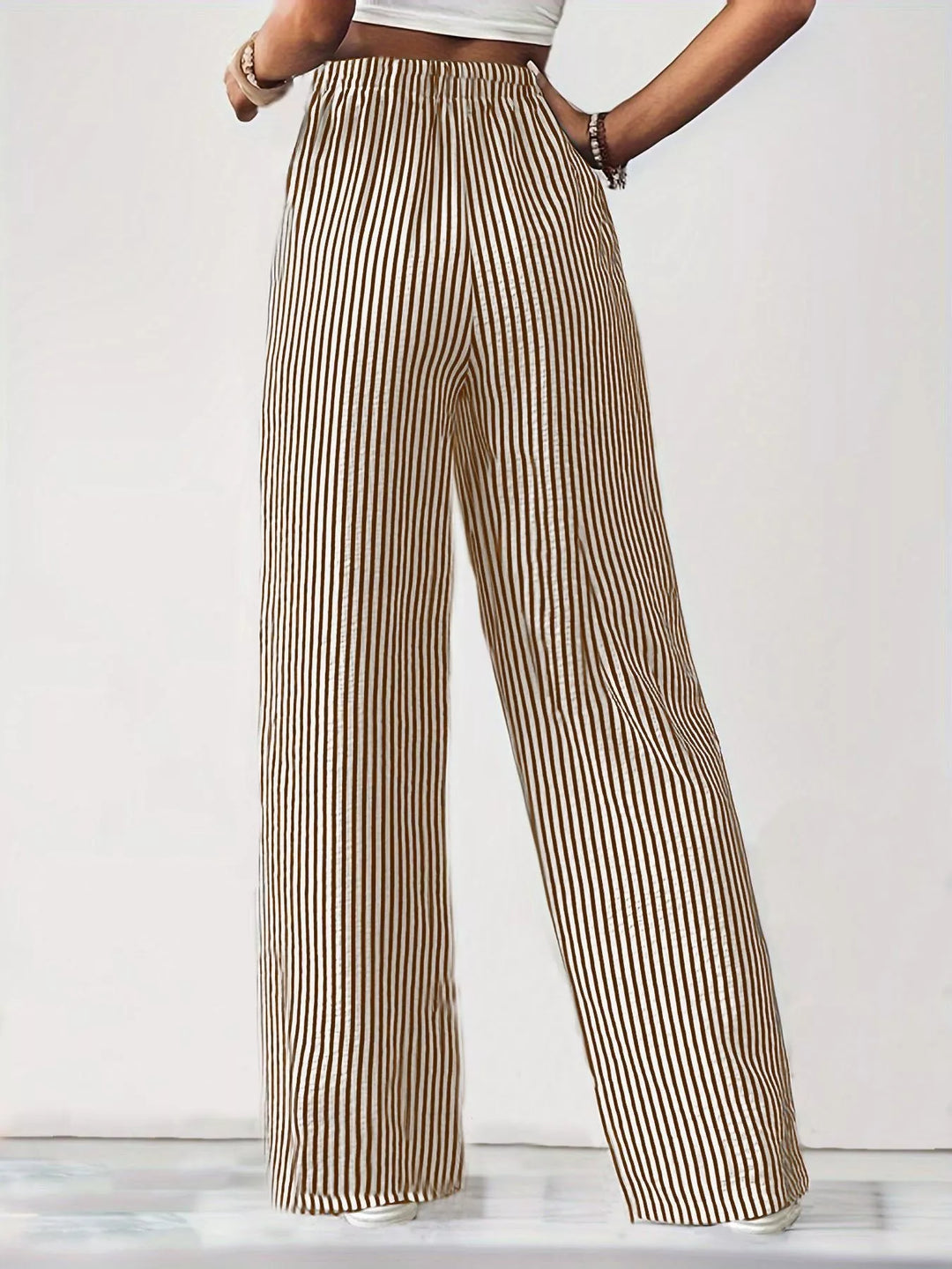 Striped wide-leg drawstring pants with side pockets