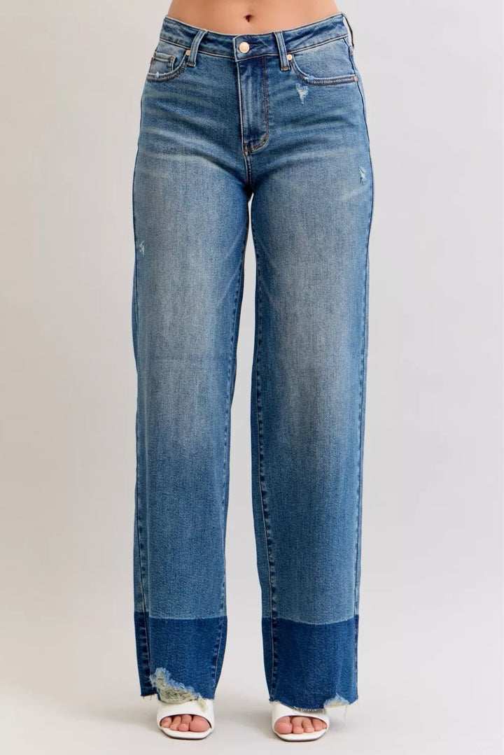 Raw hem high-rise column straight wide-leg jeans