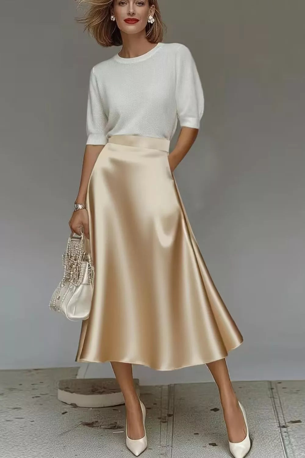 Khaki High-waist satin A-line midi skirt with pockets