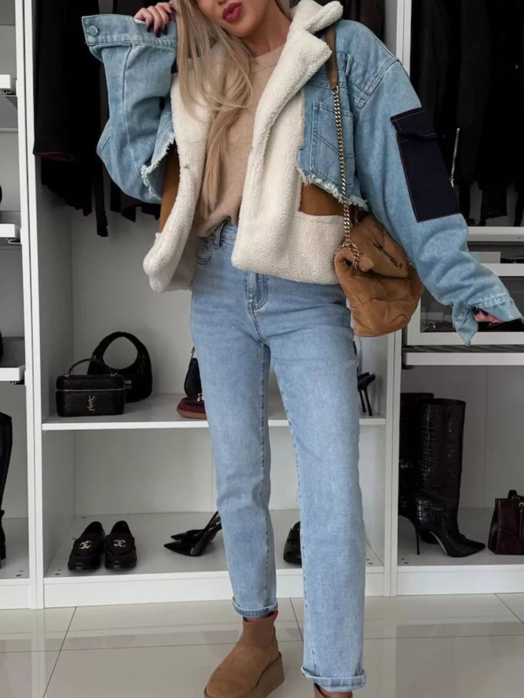 Sherpa panel denim jacket with raw hem and notch lapel