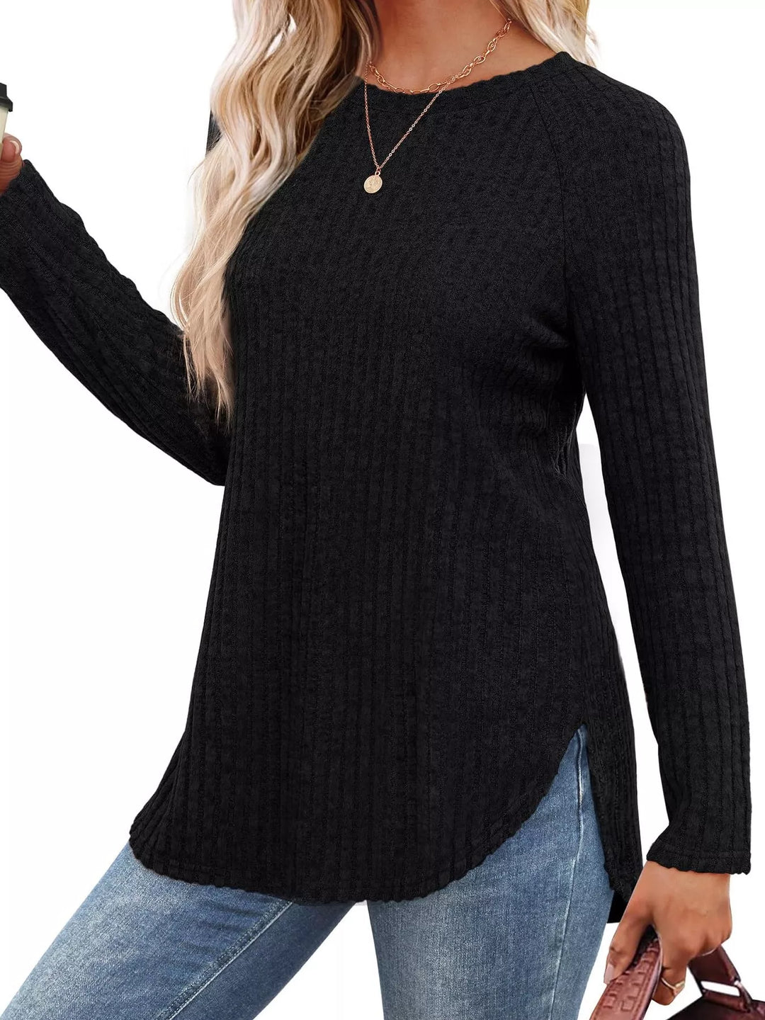 Ribbed knit crew neck long sleeve top with curved hem