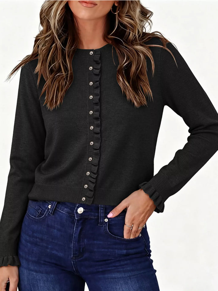 Black Ruffle placket button-front knit cardigan with ruffle cuffs