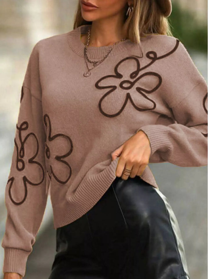 Camel Line-drawn floral drop shoulder knit pullover sweater