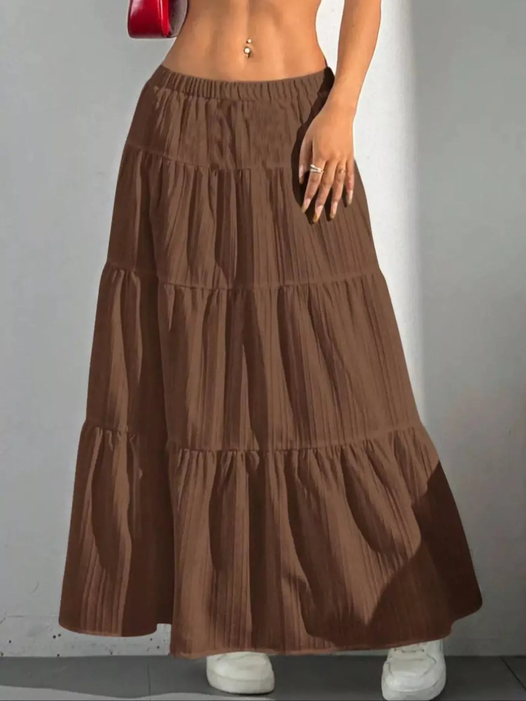 Tiered ruched maxi skirt with elastic waist
