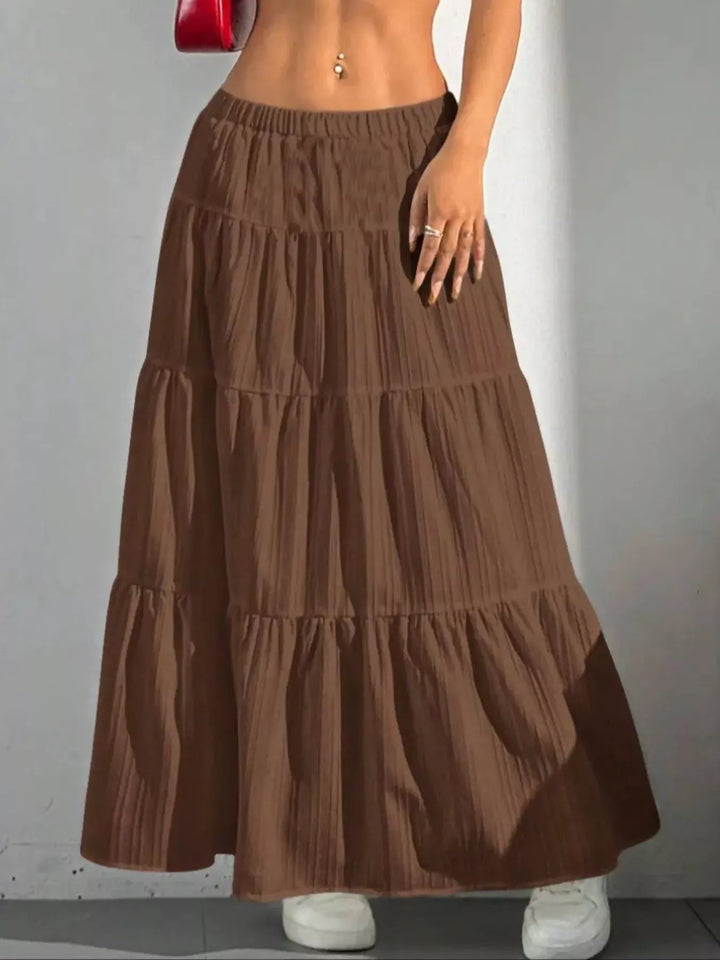 Tiered ruched maxi skirt with elastic waist