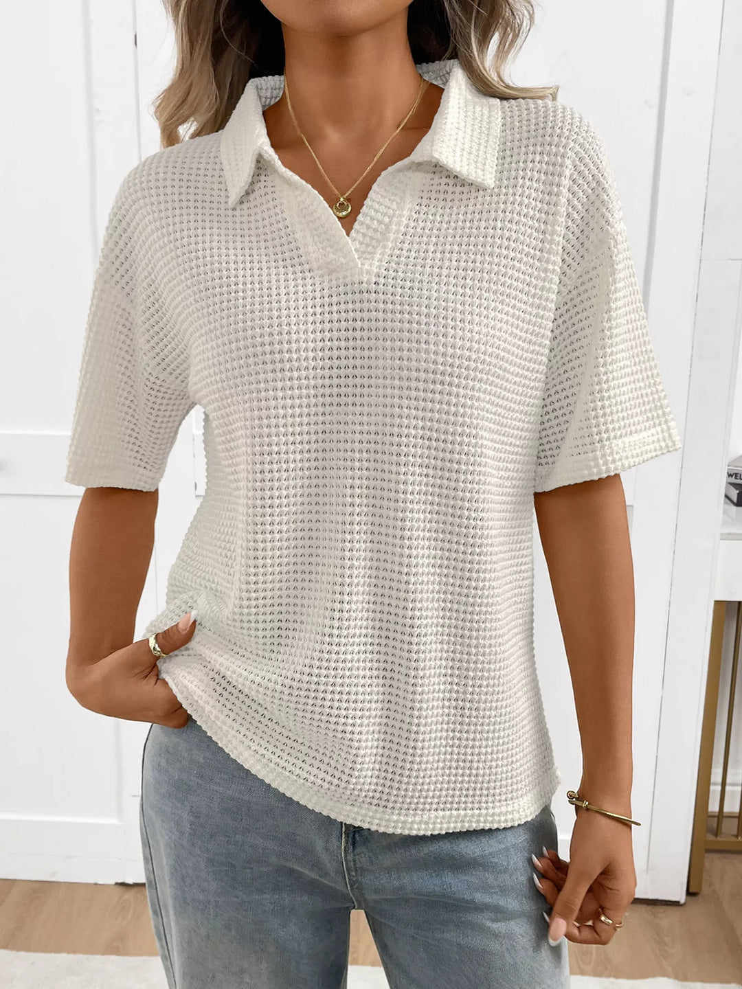 Striped waffle-knit collared short sleeve top