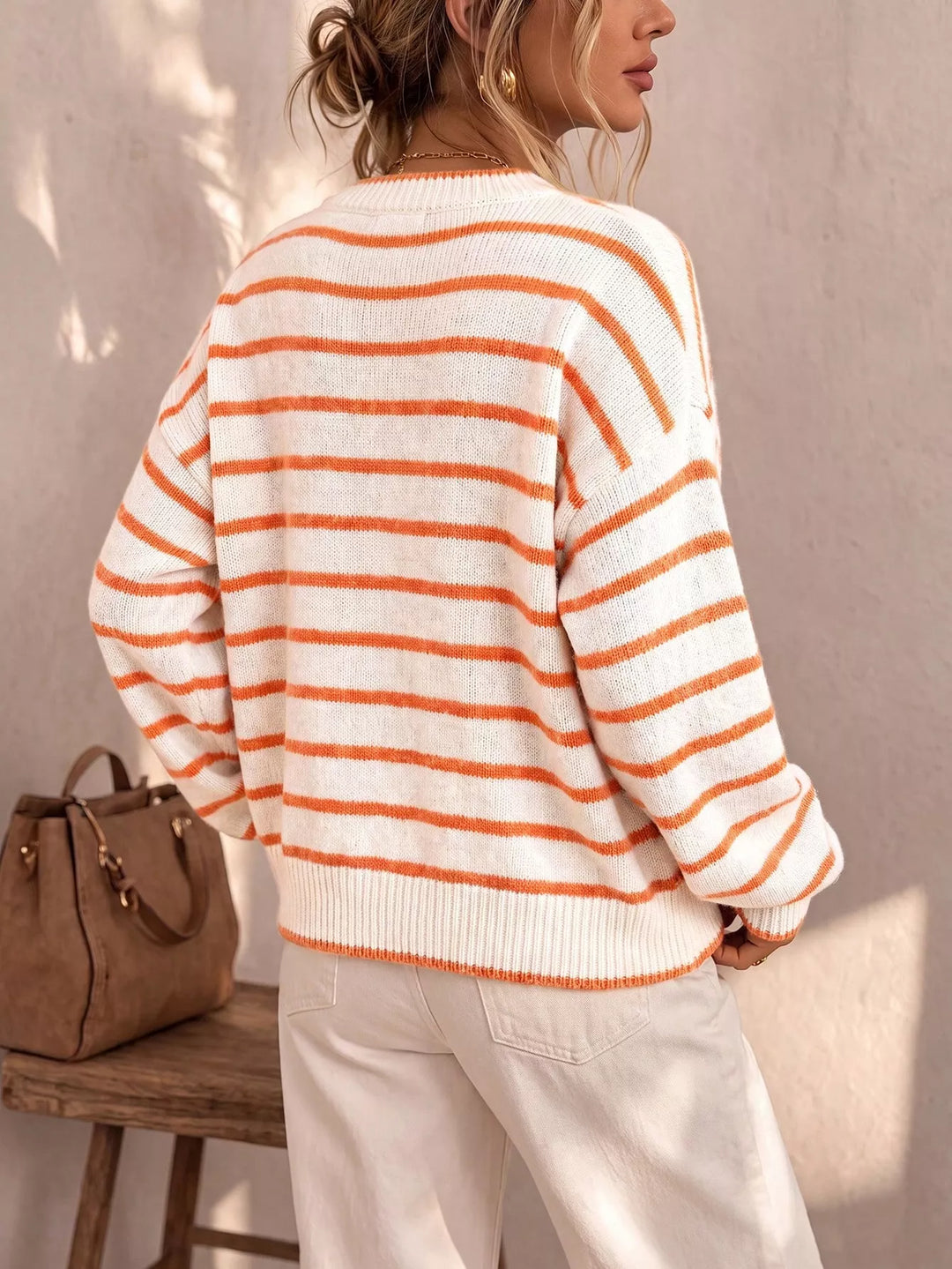 Striped button-front knit cardigan with contrast trim