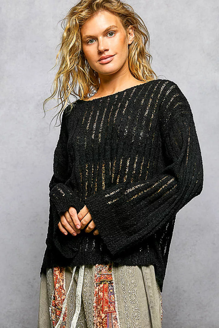 Open-knit round neck long sleeve pullover sweater