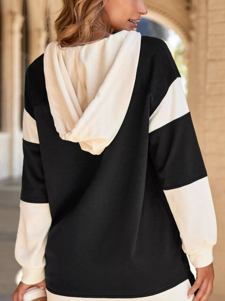Color block button-down hoodie with waffle-knit trim