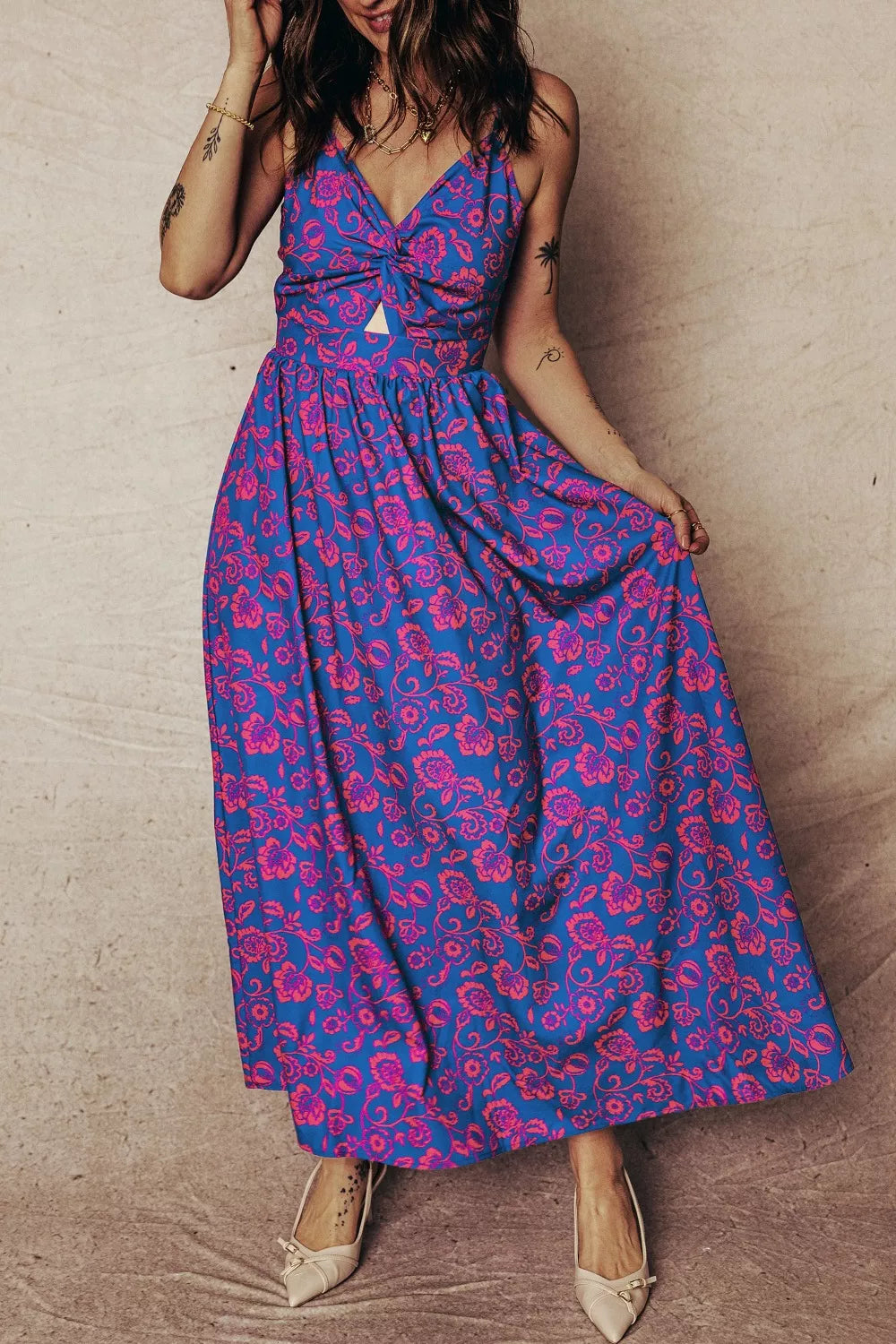 Floral print twisted V-neck cutout backless maxi dress