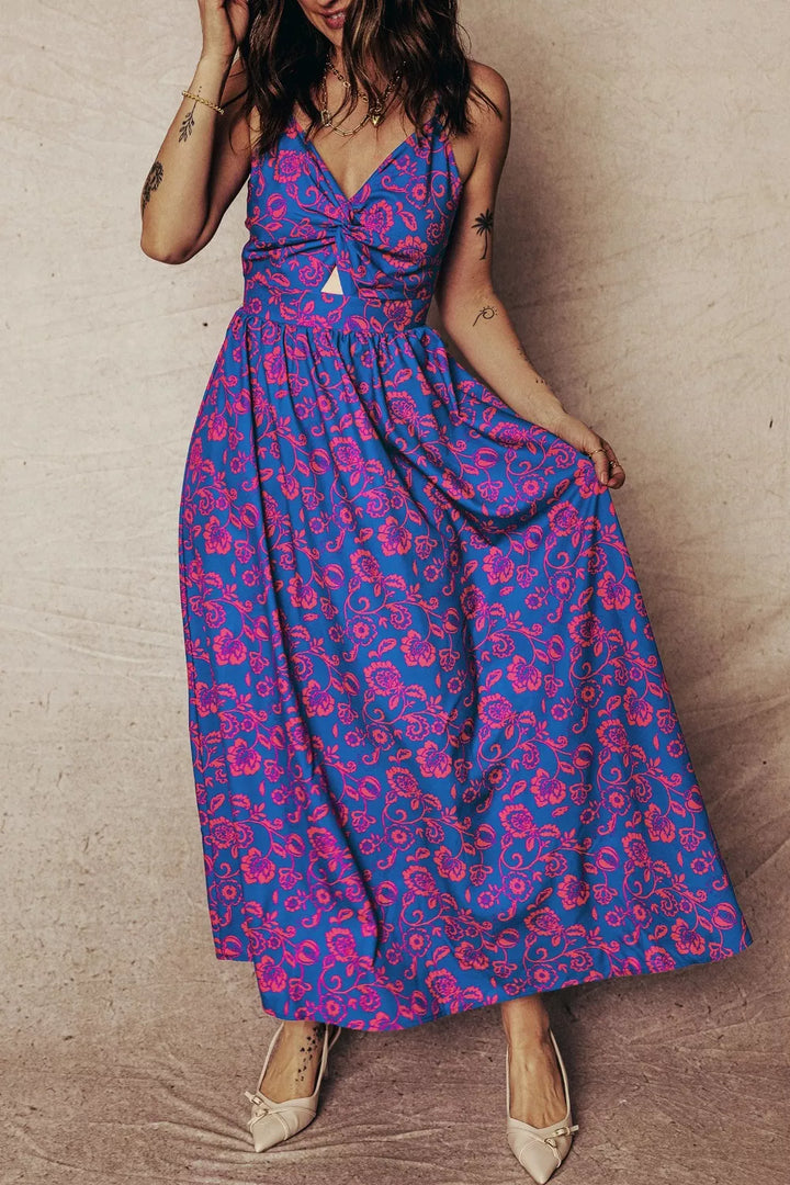 Floral print twisted V-neck cutout backless maxi dress