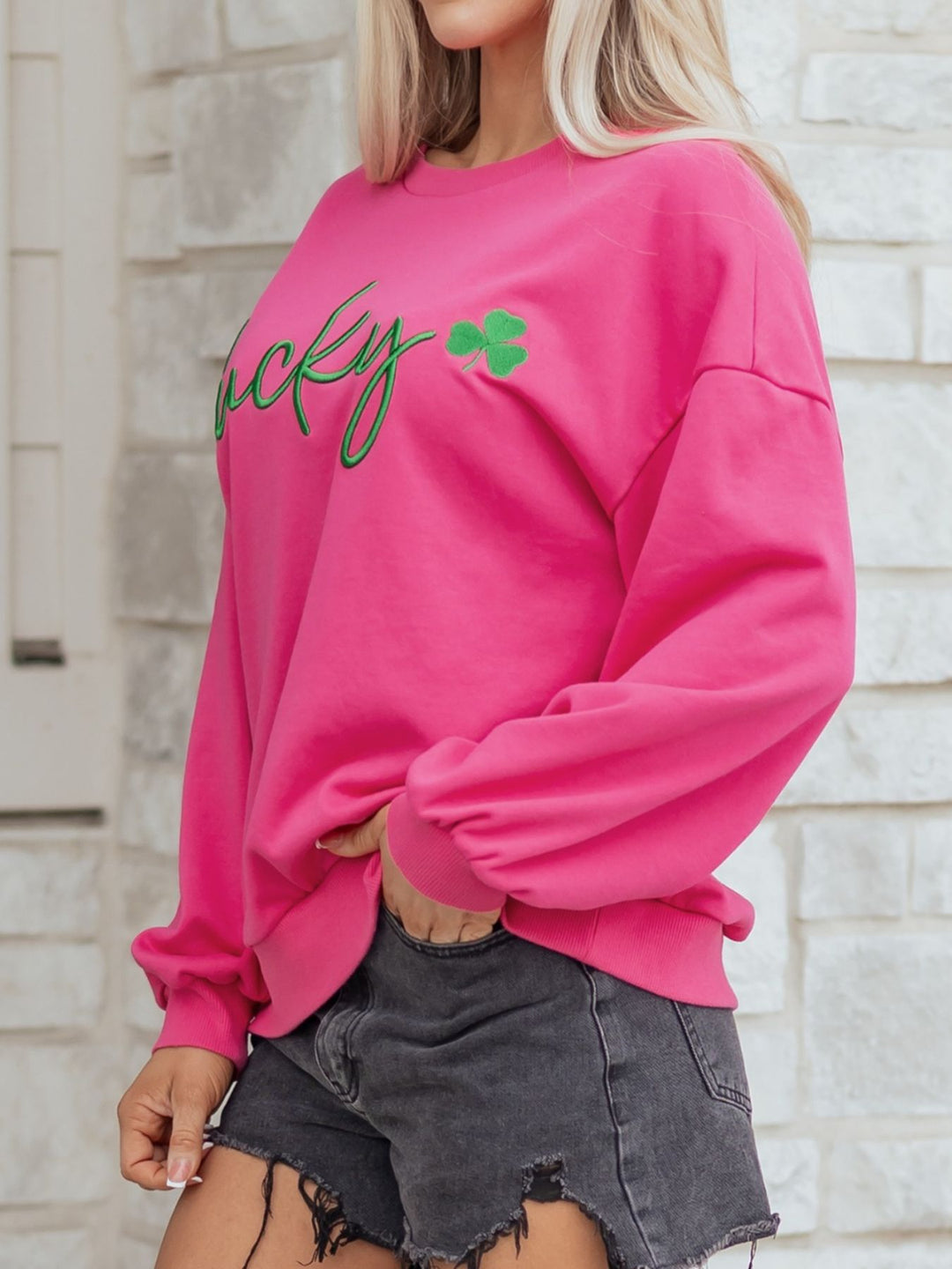 Embroidered lucky clover crewneck pullover sweatshirt