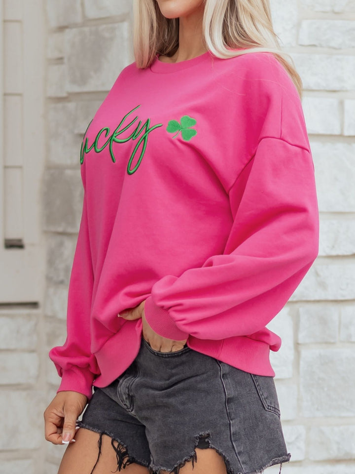 Embroidered lucky clover crewneck pullover sweatshirt