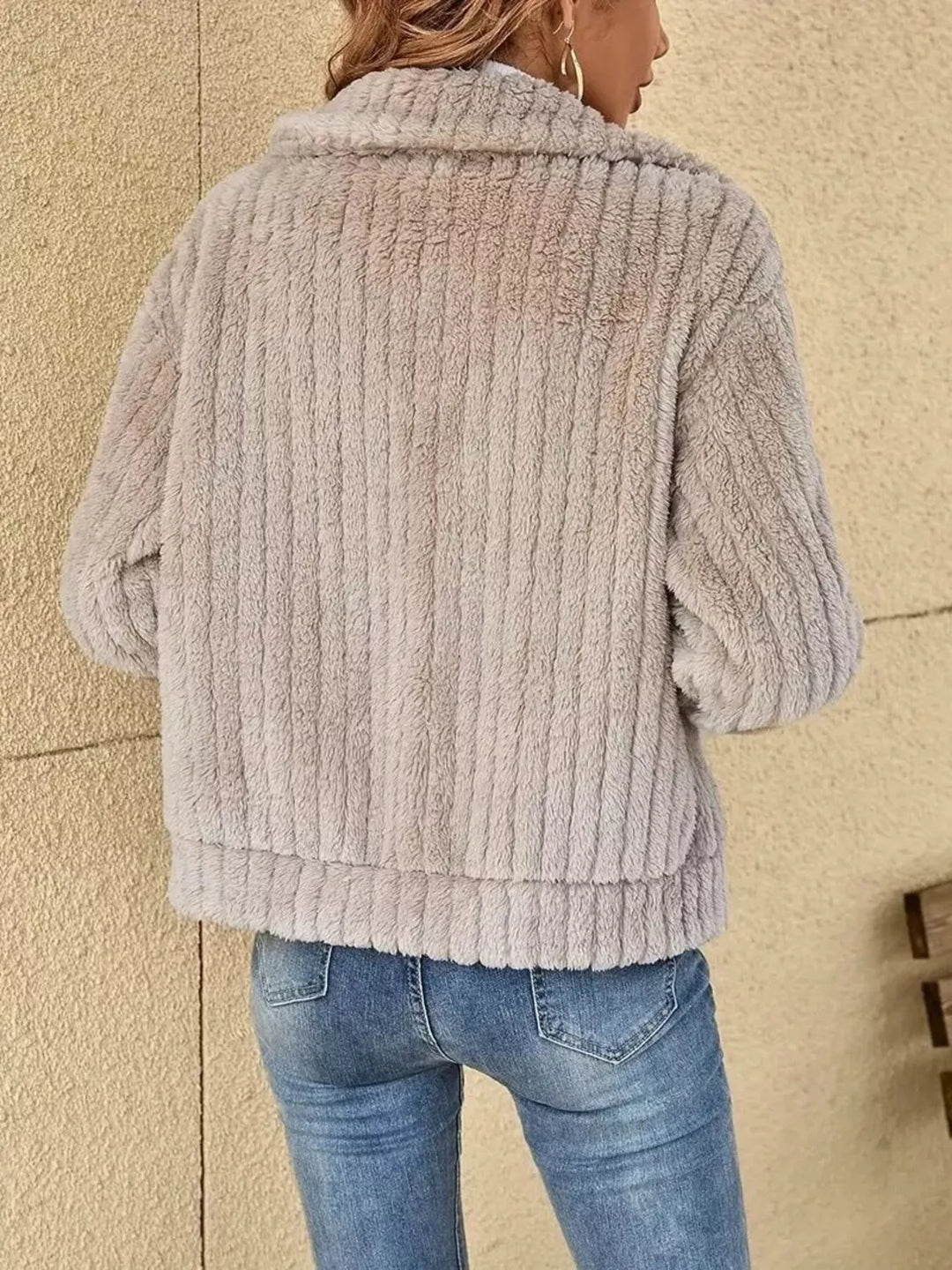 Textured fleece zip-up jacket with fold-over collar
