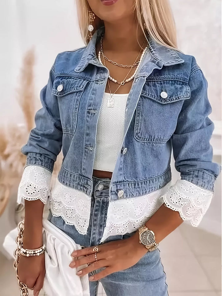 Blue Cropped denim jacket with eyelet lace trim