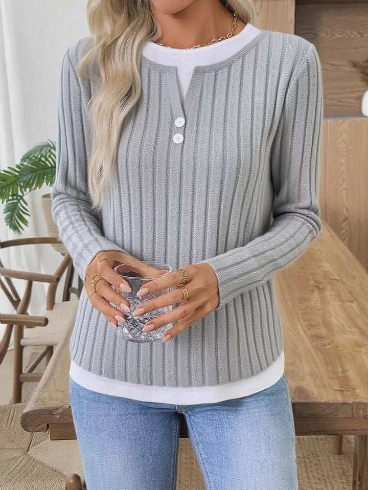 Ribbed knit long sleeve henley with contrast trim