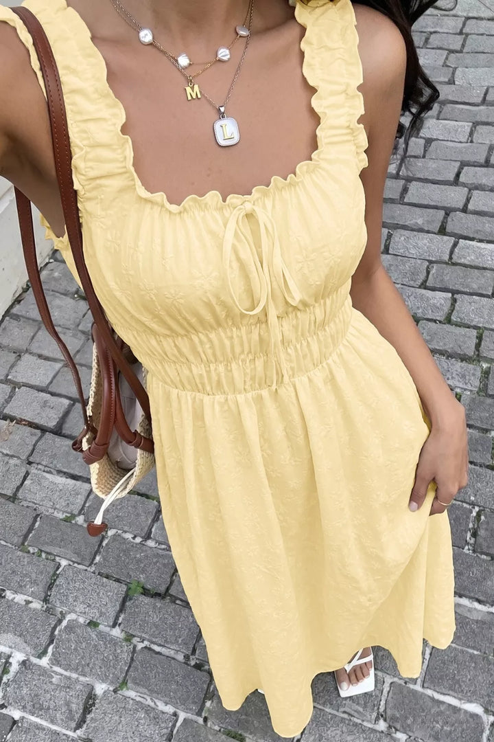 Square-neck smocked-waist maxi dress with ruffle straps