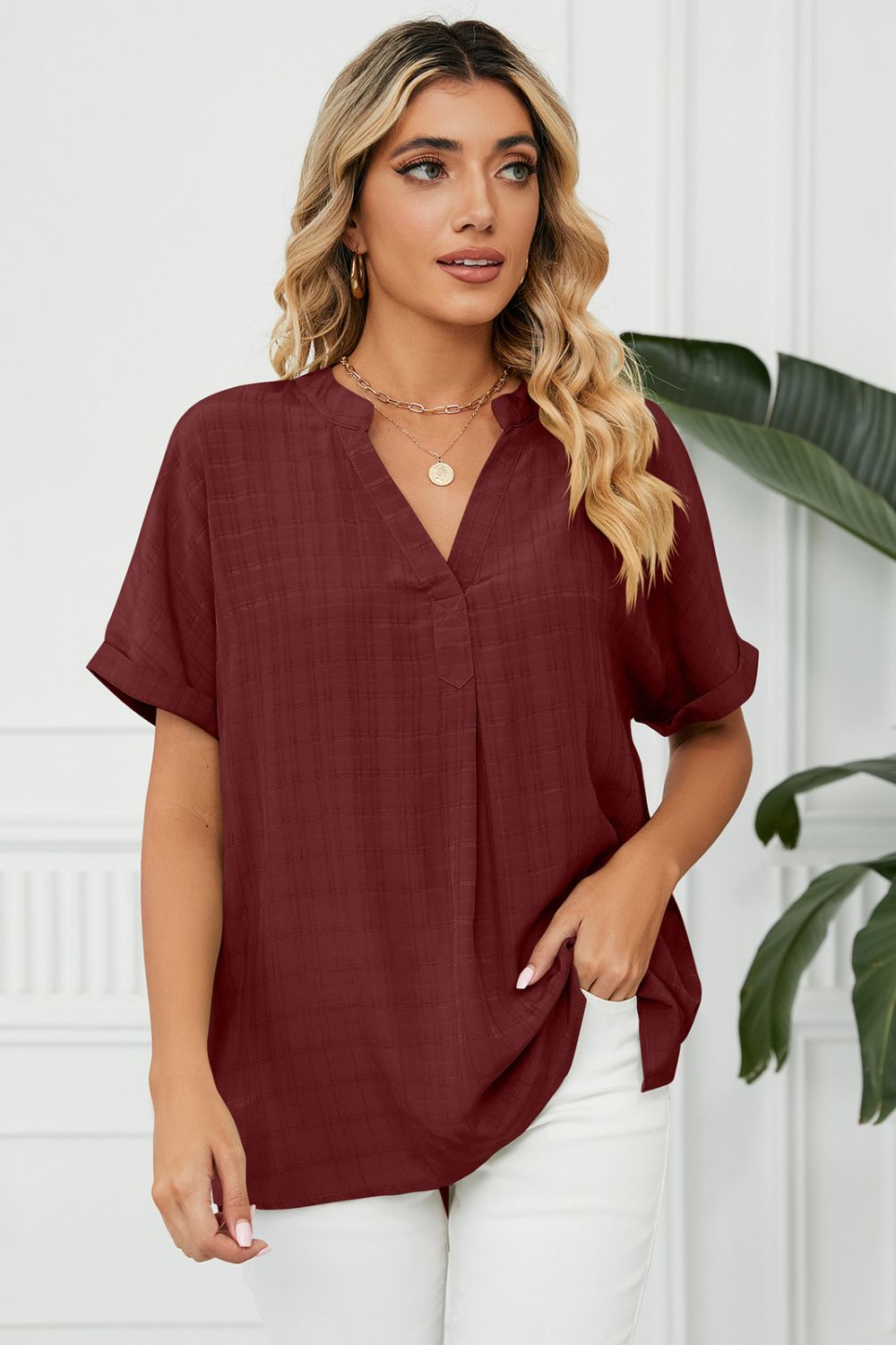Burgundy Notched neck cuffed short sleeve blouse with side slits