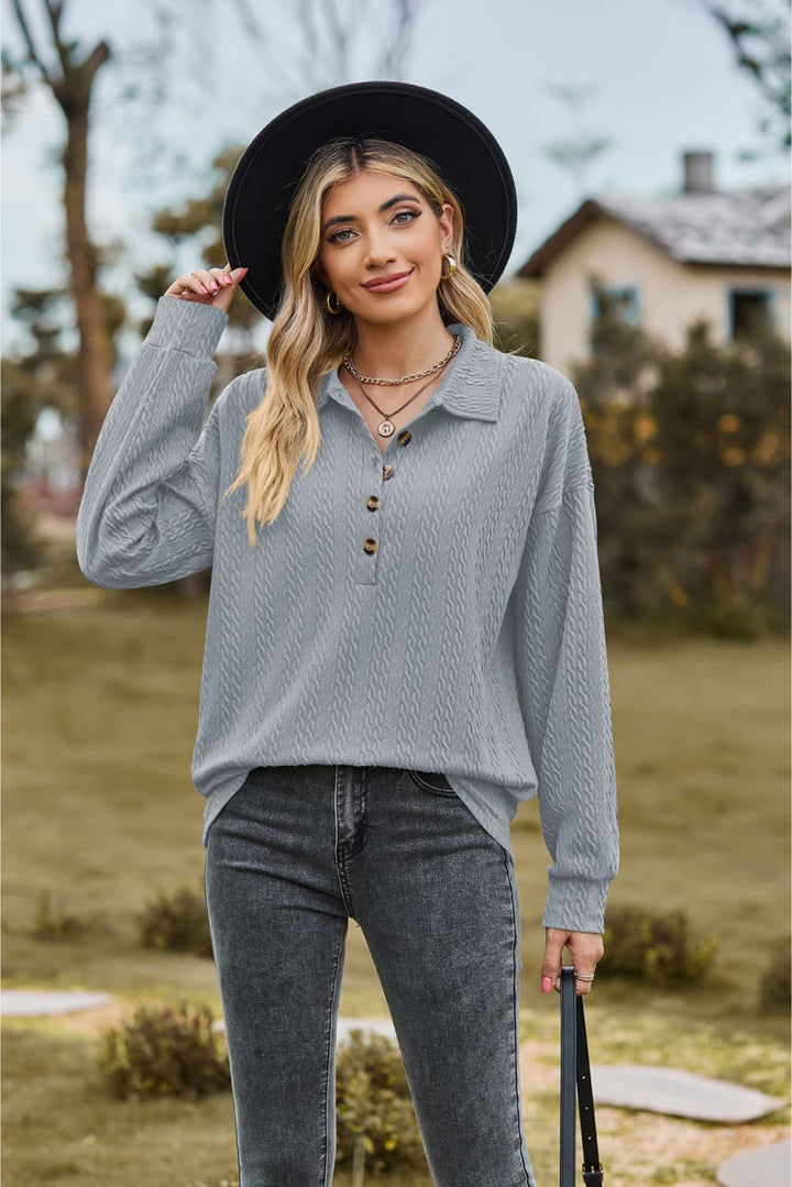 Light Blue Textured knit collared top with half-button placket