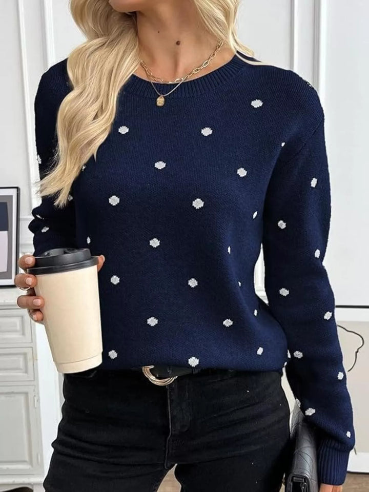 Polka dot knit crew neck pullover sweater