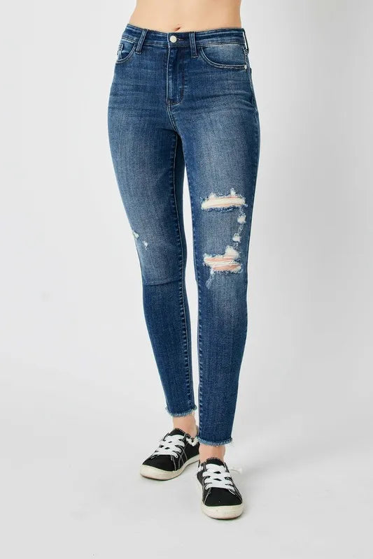 Judy Blue high-rise distressed skinny jeans with frayed hem