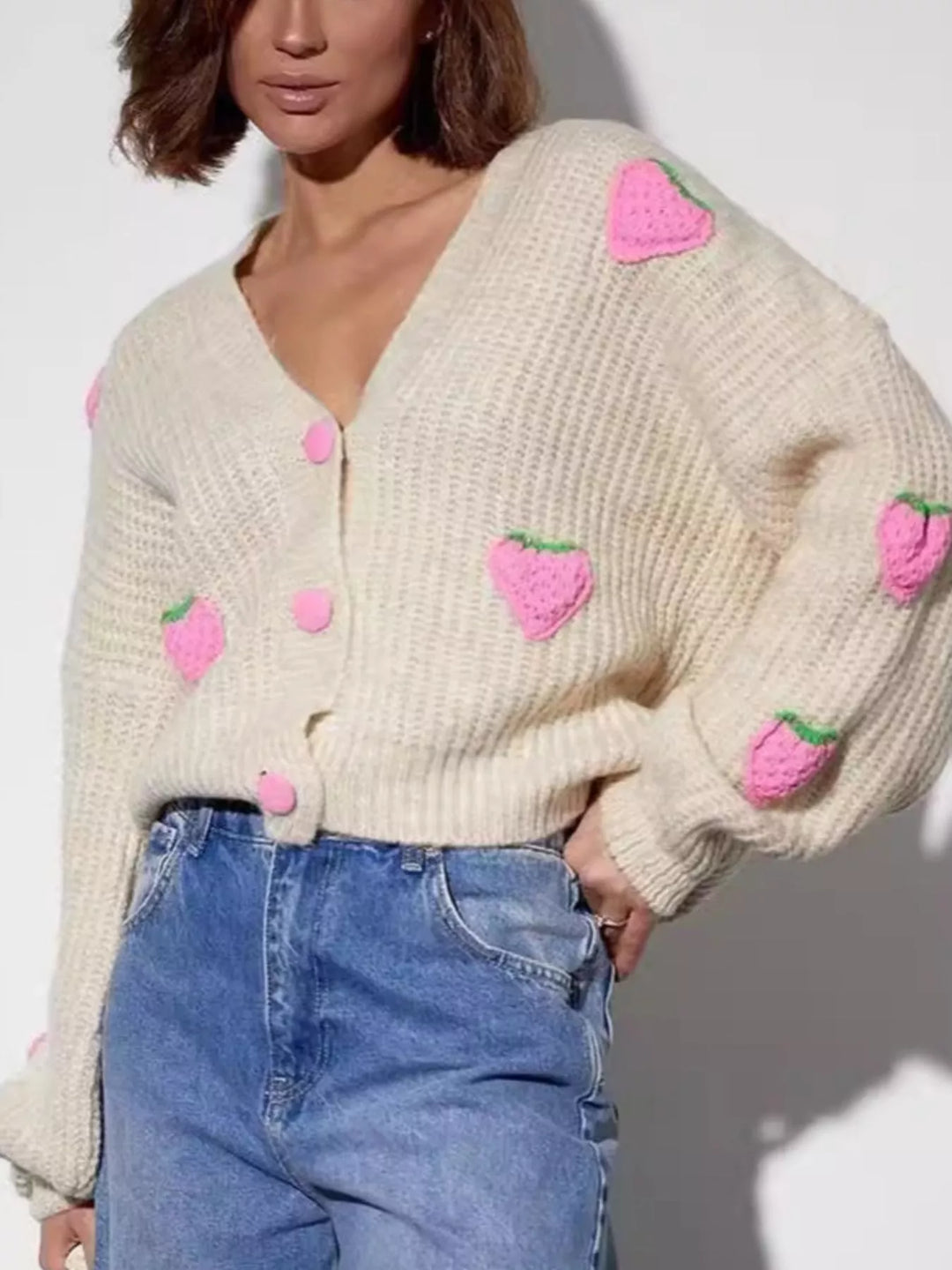 Strawberry applique chunky knit button-down cardigan