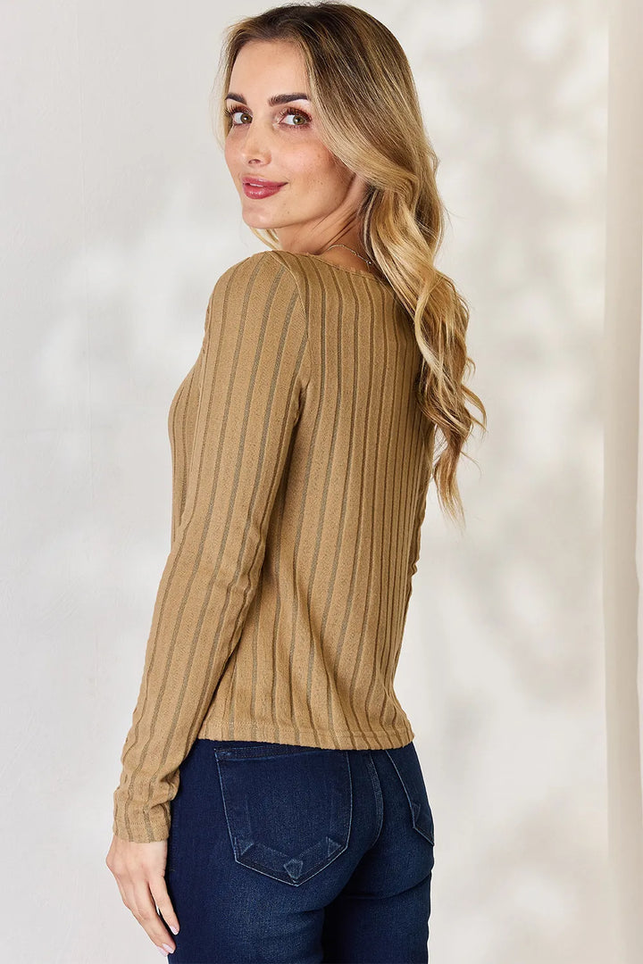 Ribbed scoop neck long sleeve fitted top
